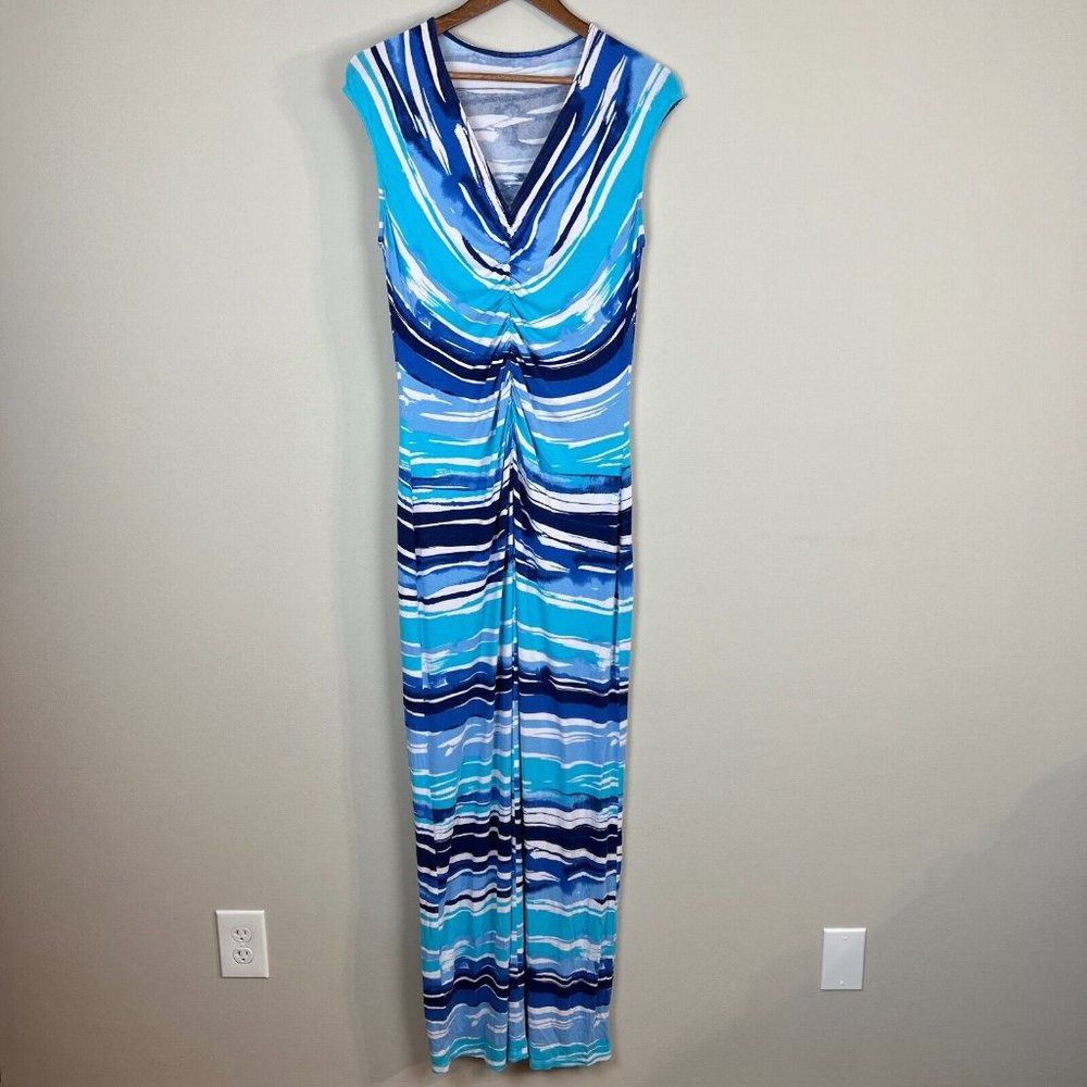 Tommy Bahama Dress Small Medium Maxi Blue‎ White Stripe Ruched V-Neck Sleeveless